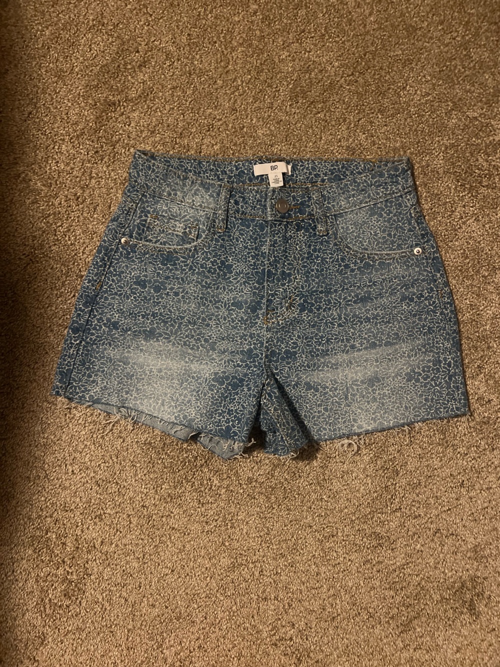 BP Floral-Print High-Waist Denim Shorts in Light Blue
